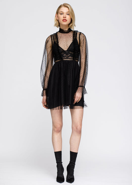 Women's Black Polka Dot Mesh Smocked Neck Flare Dress