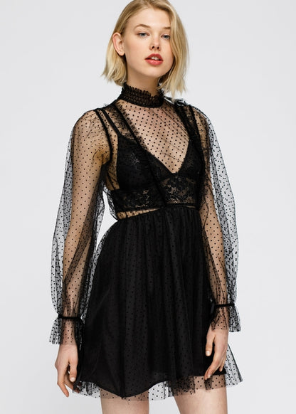 Women's Black Polka Dot Mesh Smocked Neck Flare Dress