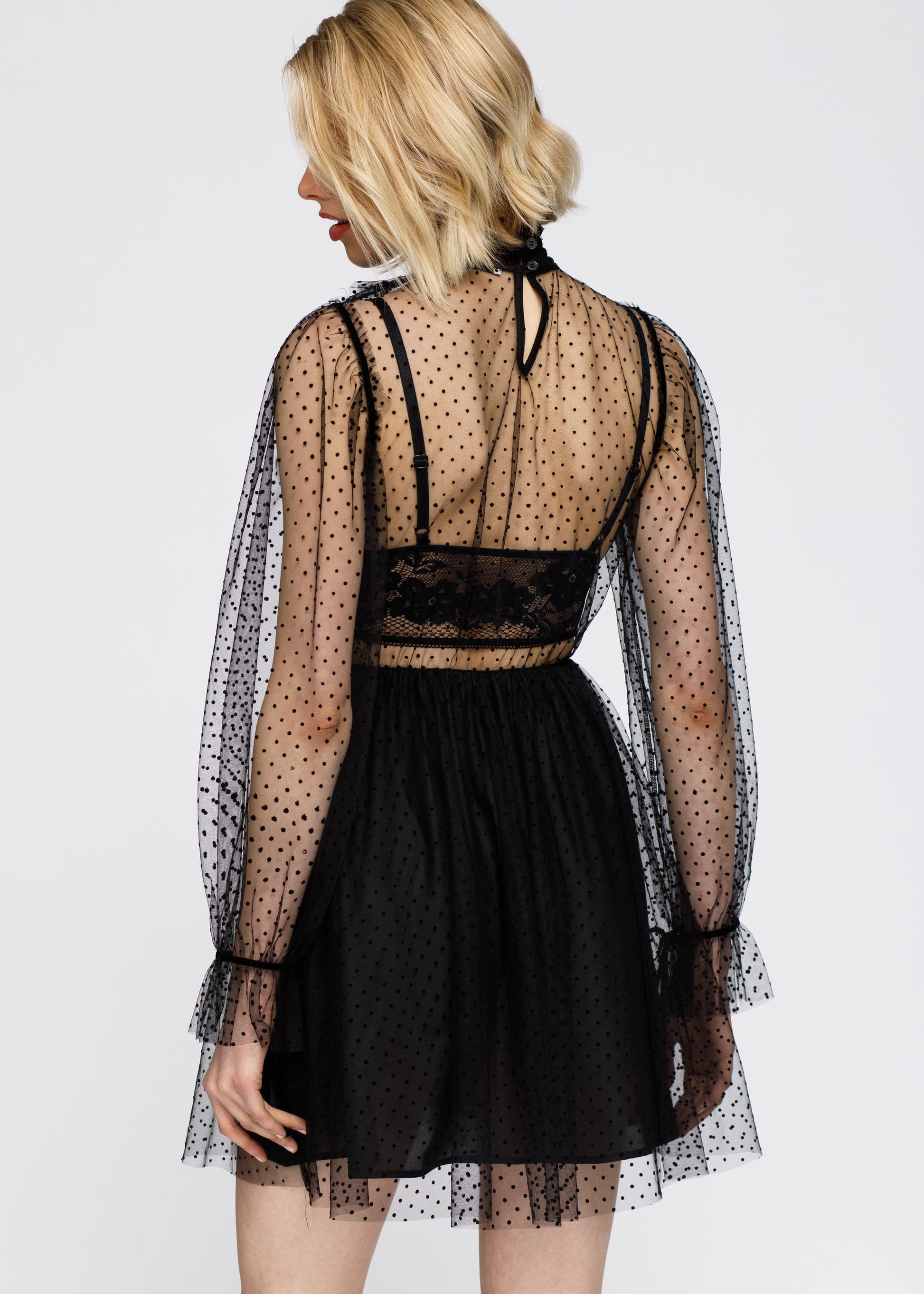Women's Black Polka Dot Mesh Smocked Neck Flare Dress