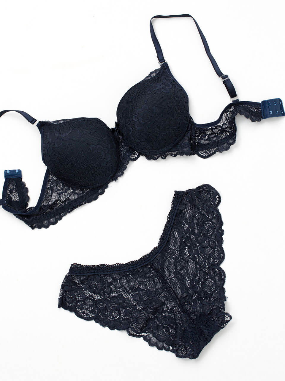 Navy Blue Lace Bra Panty Set Adjustable Strap Lingerie