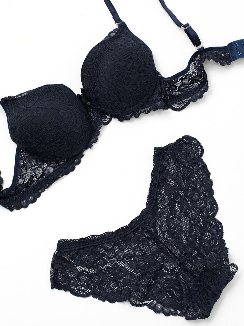 Navy Blue Lace Bra Panty Set Adjustable Strap Lingerie