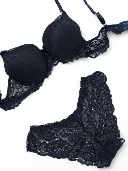 Navy Blue Lace Bra Panty Set Adjustable Strap Lingerie