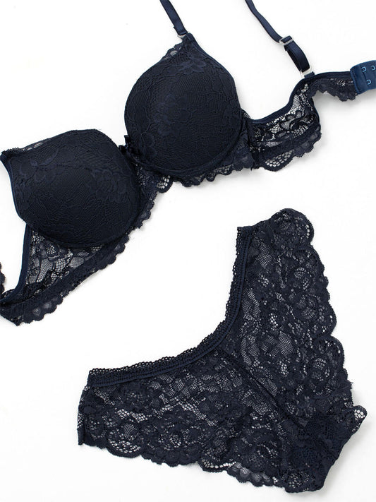 Navy Blue Lace Bra Panty Set Adjustable Strap Lingerie