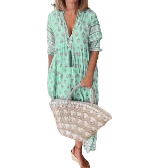 Women Boho V Neck Floral Print Short Sleeve Maxi Sun Dress