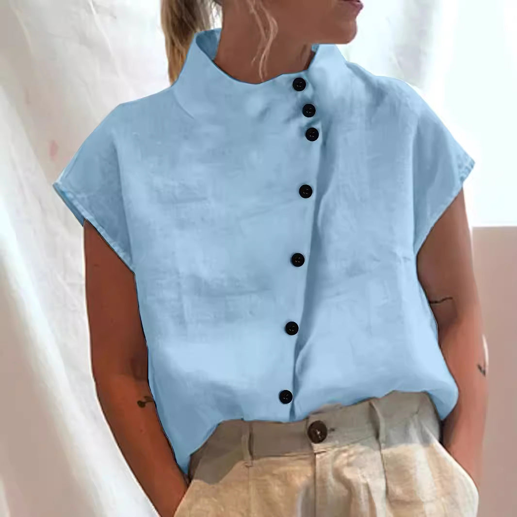 Fashionable Stand Collar Short Sleeve Shirt Casual Wear Top