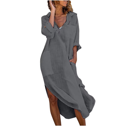 Women Solid Color Button Up Side Slit Long Sleeve Shirtdress
