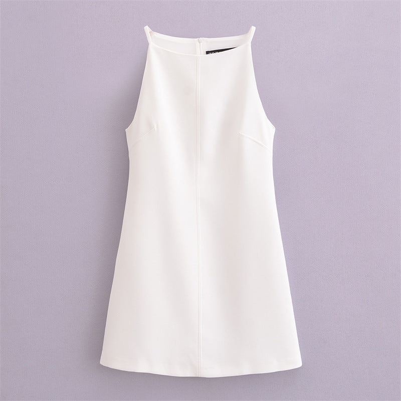 Women Straight Neck Sleeveless Slim French Style Midi Dress