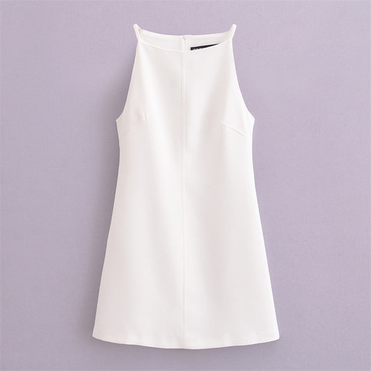 Women Straight Neck Sleeveless Slim French Style Midi Dress