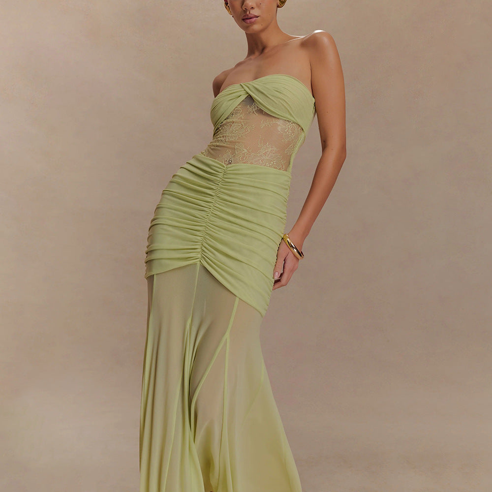 Women Slim Sleeveless Tube Top Bodycon Midi Party Dress
