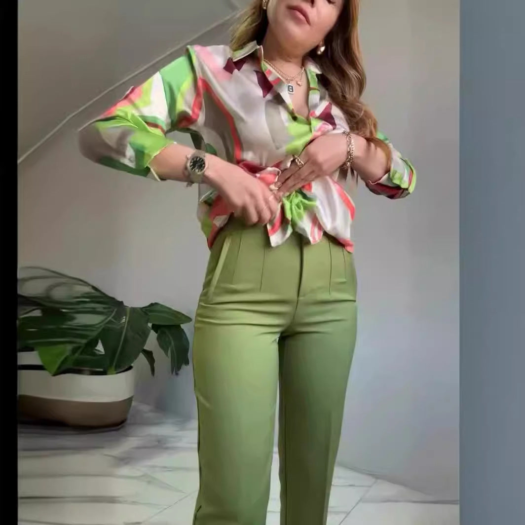 Printed Jacket Slim Trousers Two Piece Set Womens Daily Wear