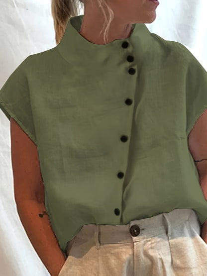 Fashionable Stand Collar Short Sleeve Shirt Casual Wear Top