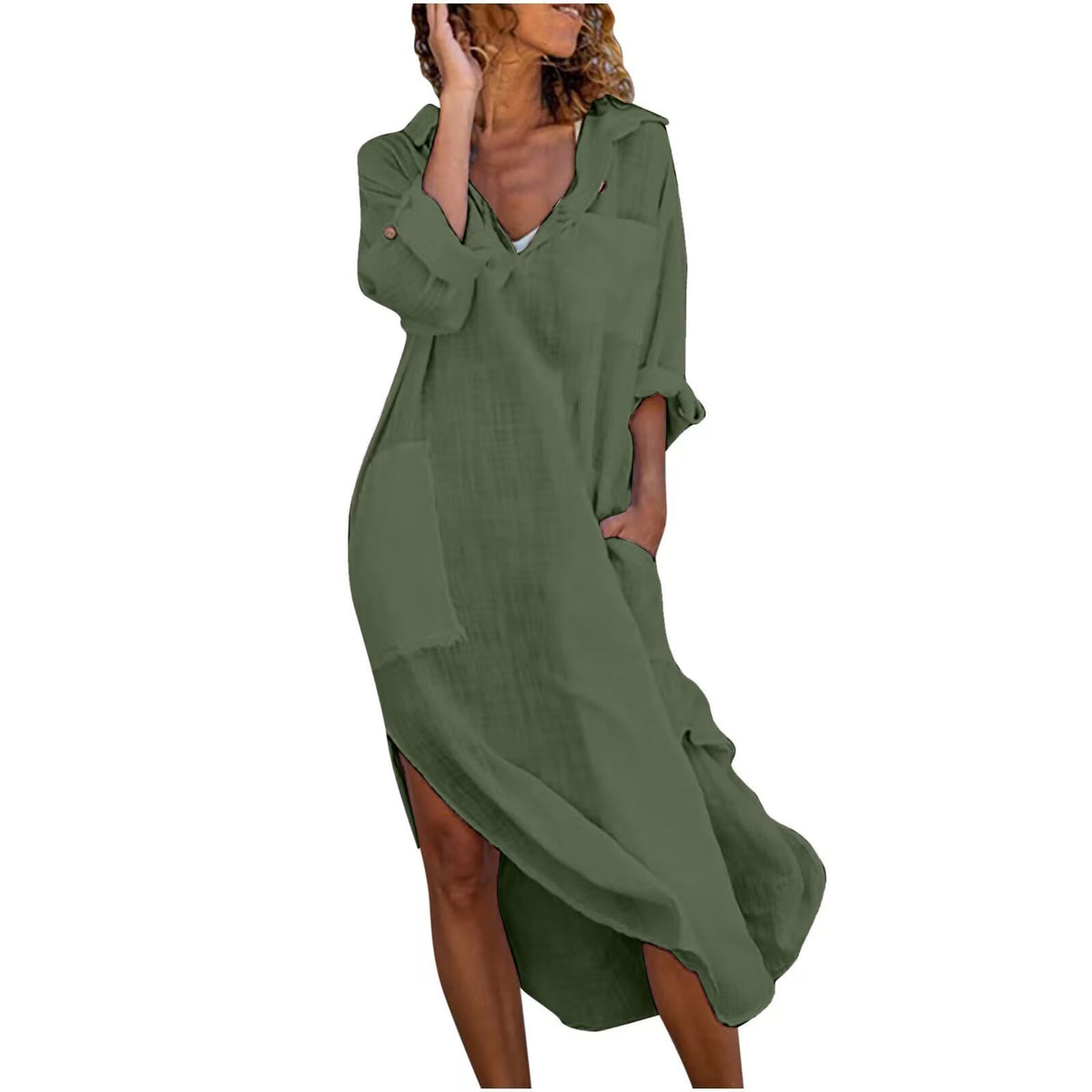 Women Solid Color Button Up Side Slit Long Sleeve Shirtdress