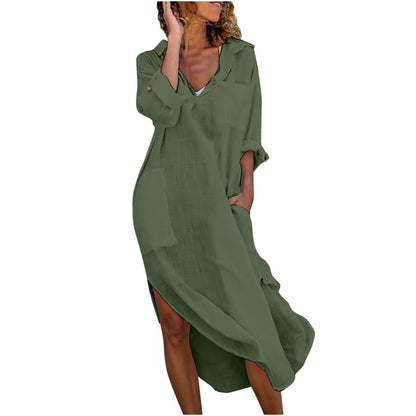 Women Solid Color Button Up Side Slit Long Sleeve Shirtdress