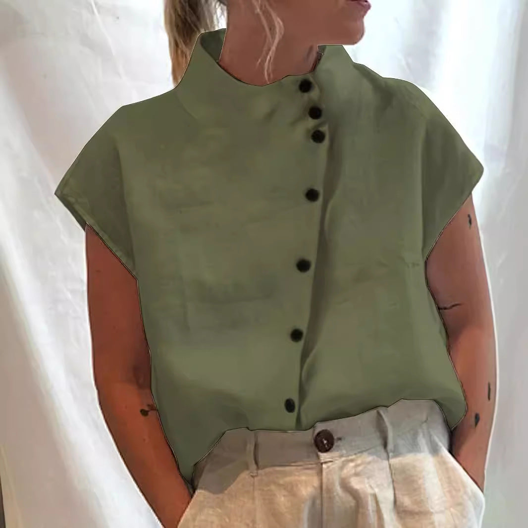 Fashionable Stand Collar Short Sleeve Shirt Casual Wear Top