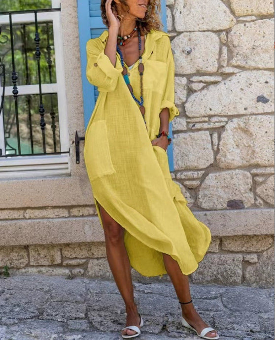 Women Solid Color Button Up Side Slit Long Sleeve Shirtdress