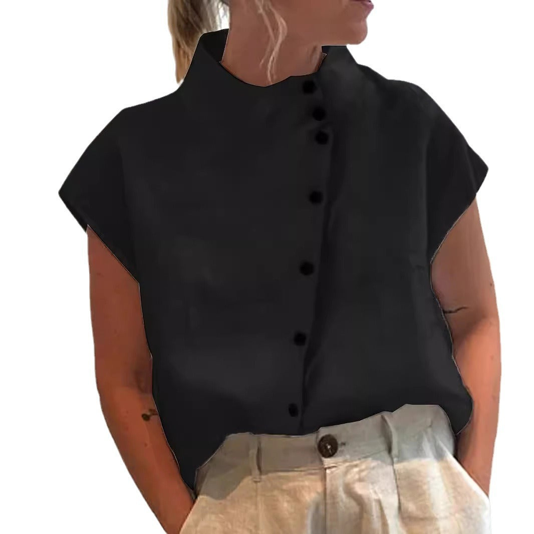 Fashionable Stand Collar Short Sleeve Shirt Casual Wear Top