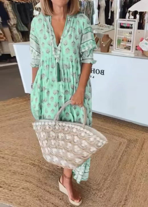 Women Boho V Neck Floral Print Short Sleeve Maxi Sun Dress