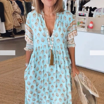 Women Boho V Neck Floral Print Short Sleeve Maxi Sun Dress