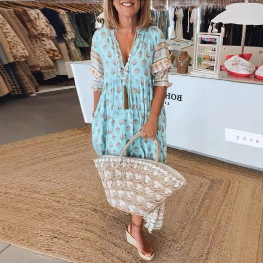 Women Boho V Neck Floral Print Short Sleeve Maxi Sun Dress