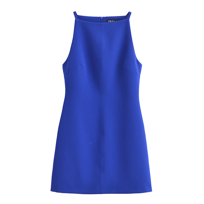 Women Straight Neck Sleeveless Slim French Style Midi Dress