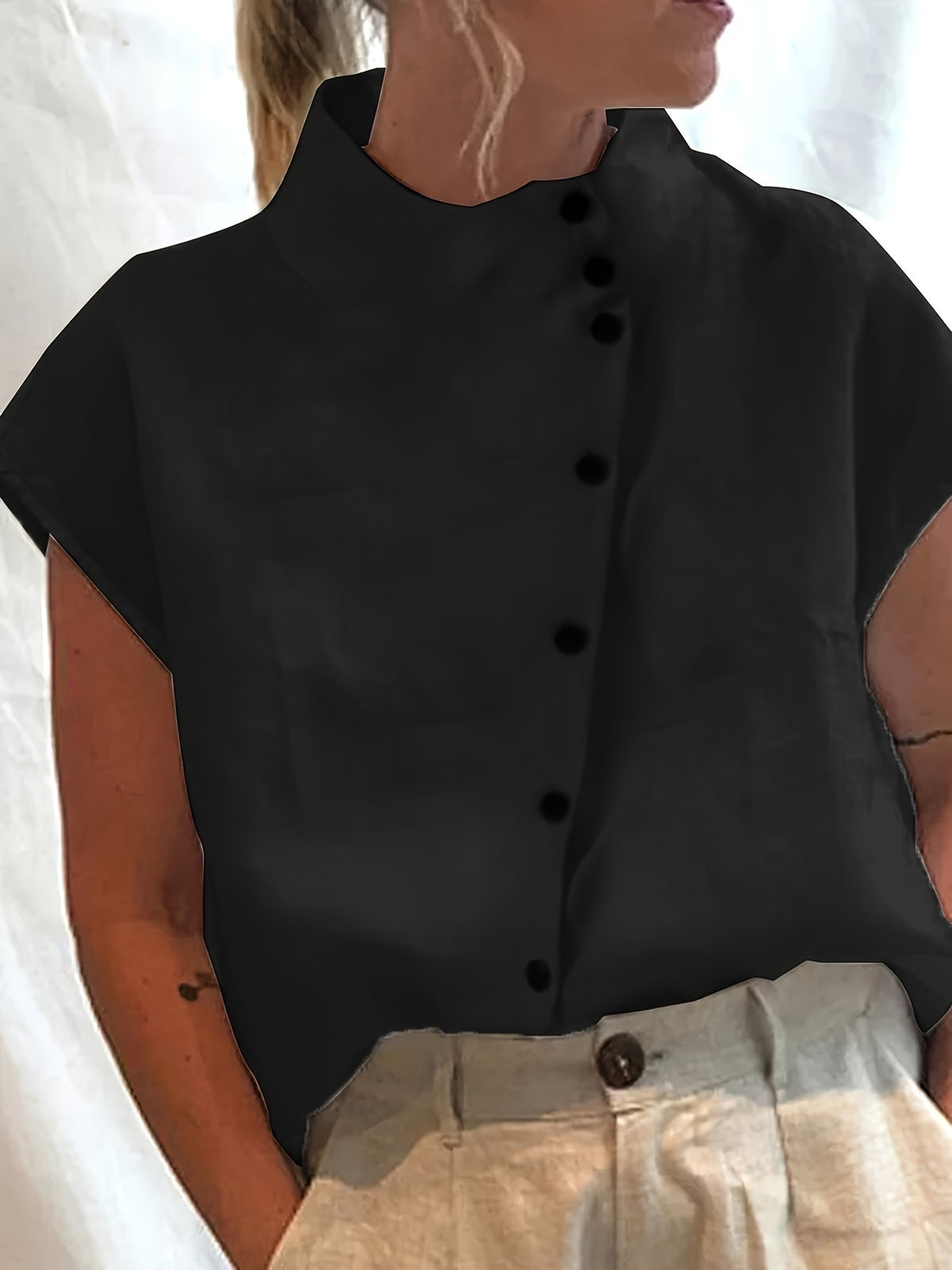 Fashionable Stand Collar Short Sleeve Shirt Casual Wear Top