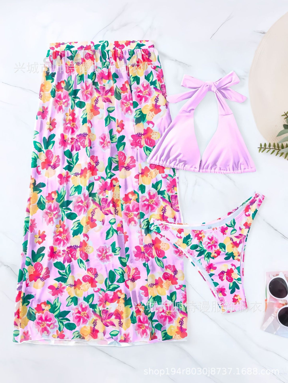 Women Print Drawstring Strappy Low Cut Two Piece Swimsuit