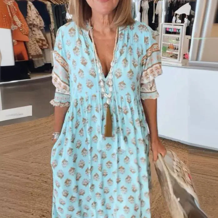 Women Boho V Neck Floral Print Short Sleeve Maxi Sun Dress