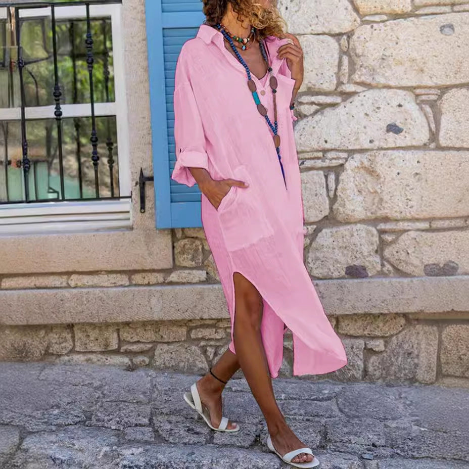 Women Solid Color Button Up Side Slit Long Sleeve Shirtdress