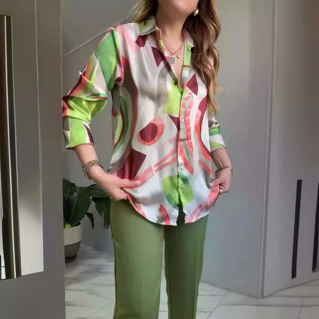 Printed Jacket Slim Trousers Two Piece Set Womens Daily Wear