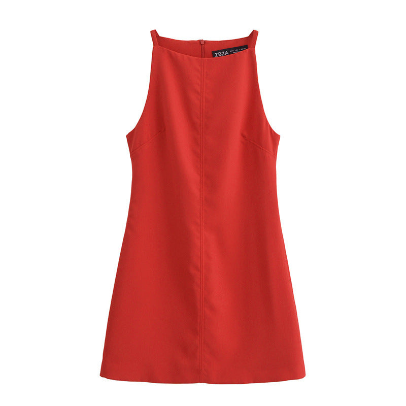 Women Straight Neck Sleeveless Slim French Style Midi Dress