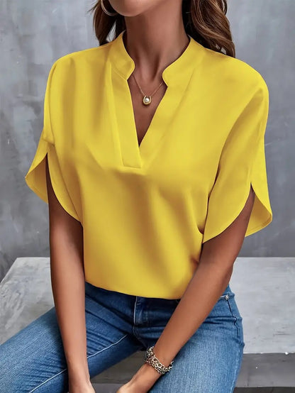 Casual Solid Color V Neck Loose Shirt Short Sleeve Women Top