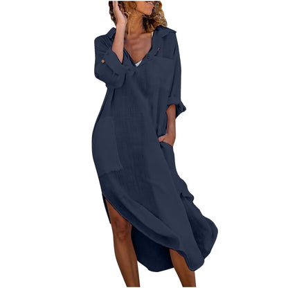 Women Solid Color Button Up Side Slit Long Sleeve Shirtdress