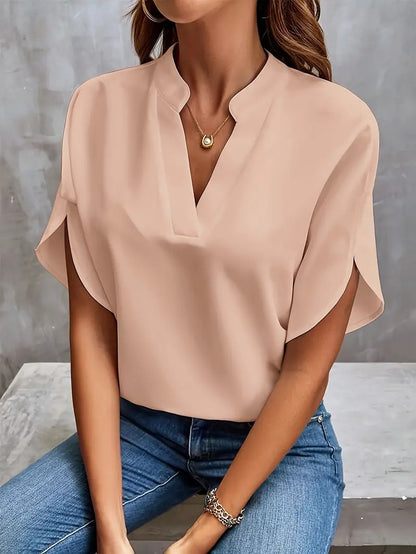 Casual Solid Color V Neck Loose Shirt Short Sleeve Women Top