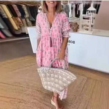 Women Boho V Neck Floral Print Short Sleeve Maxi Sun Dress