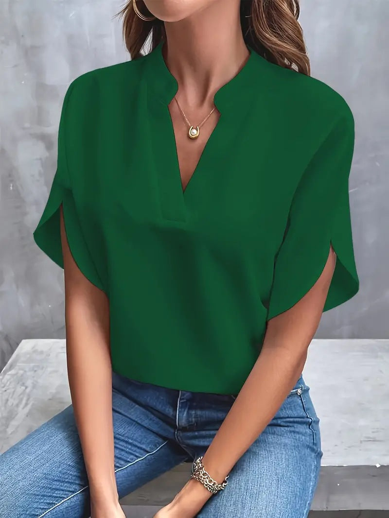 Casual Solid Color V Neck Loose Shirt Short Sleeve Women Top