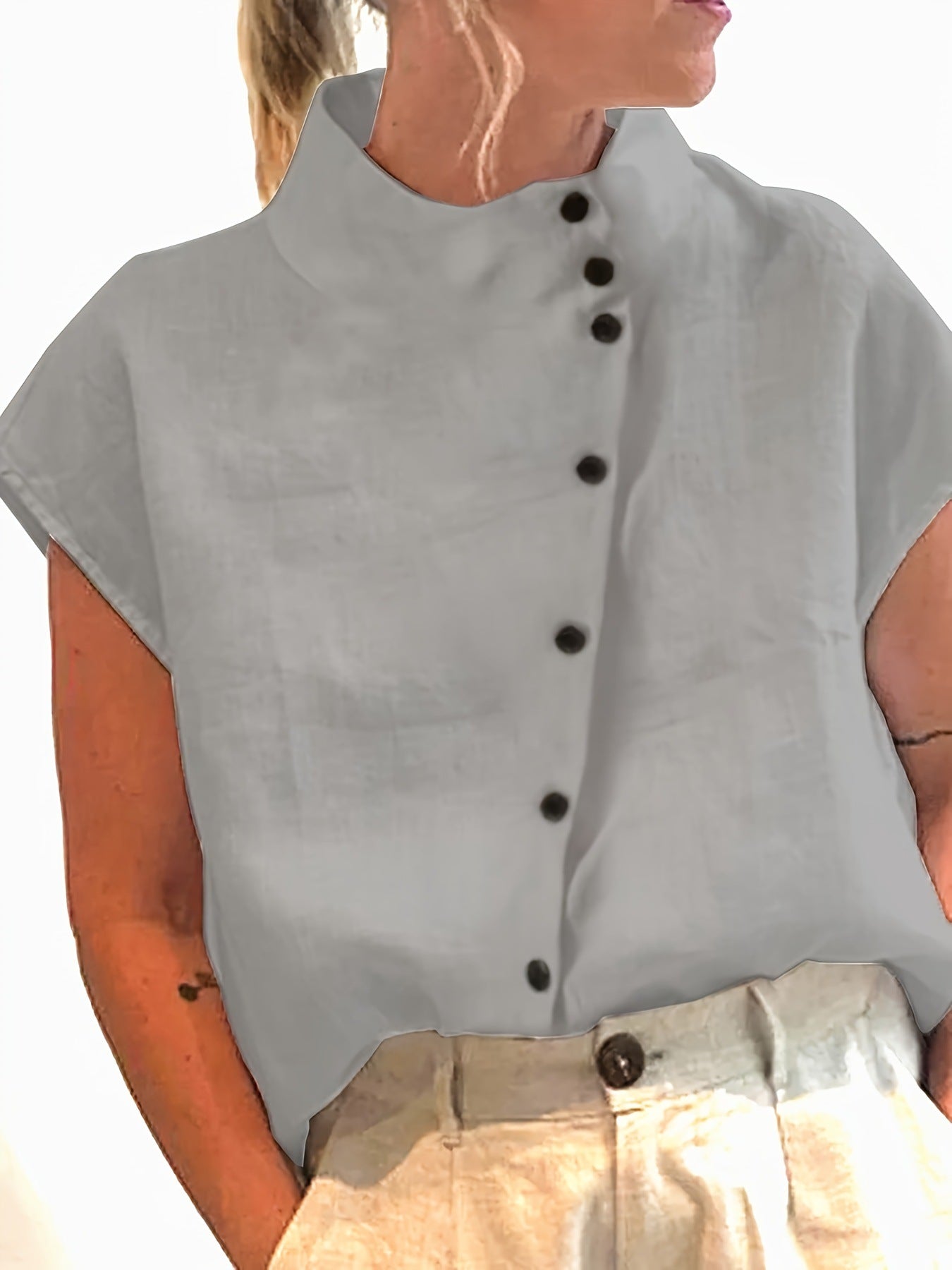 Fashionable Stand Collar Short Sleeve Shirt Casual Wear Top