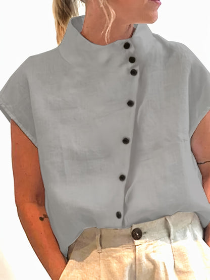 Fashionable Stand Collar Short Sleeve Shirt Casual Wear Top