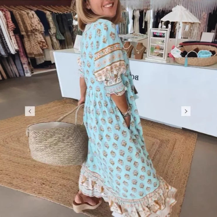 Women Boho V Neck Floral Print Short Sleeve Maxi Sun Dress