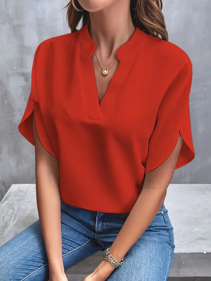 Casual Solid Color V Neck Loose Shirt Short Sleeve Women Top