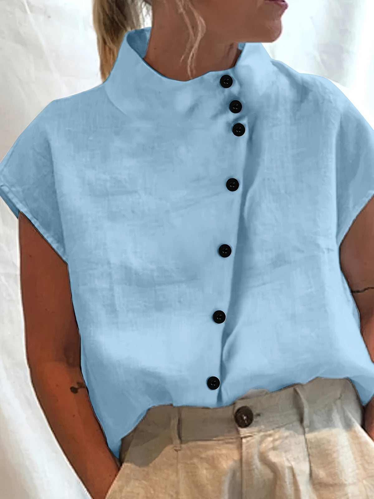 Fashionable Stand Collar Short Sleeve Shirt Casual Wear Top