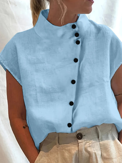 Fashionable Stand Collar Short Sleeve Shirt Casual Wear Top