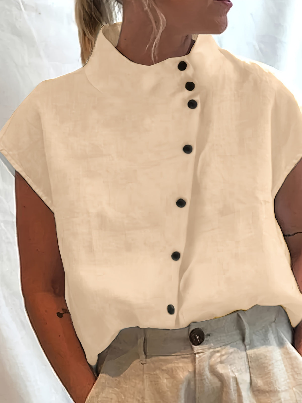 Fashionable Stand Collar Short Sleeve Shirt Casual Wear Top