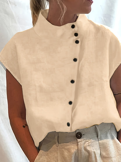 Fashionable Stand Collar Short Sleeve Shirt Casual Wear Top