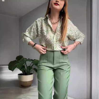 Printed Jacket Slim Trousers Two Piece Set Womens Daily Wear