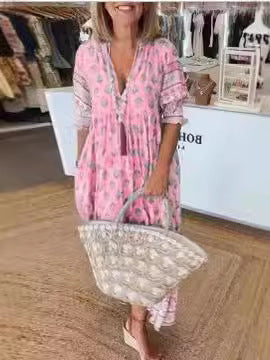 Women Boho V Neck Floral Print Short Sleeve Maxi Sun Dress