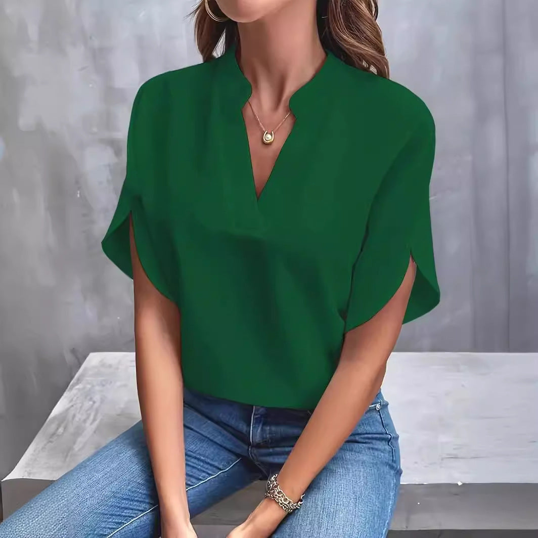 Casual Solid Color V Neck Loose Shirt Short Sleeve Women Top