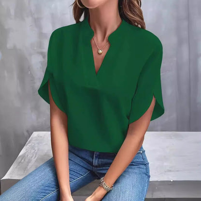Casual Solid Color V Neck Loose Shirt Short Sleeve Women Top