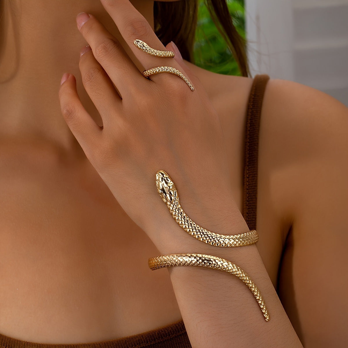 Snake Adjustable Bracelet Ring Set Gold Silver Jewelry