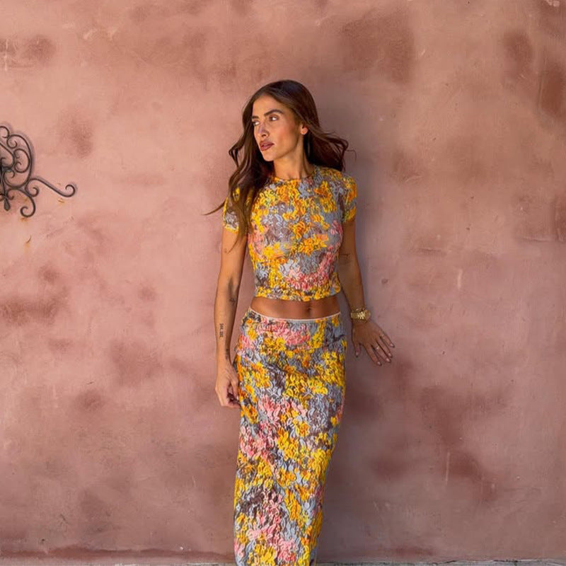 Miao Silk Printed Top And Skirt Set Valentine Holiday Outfit