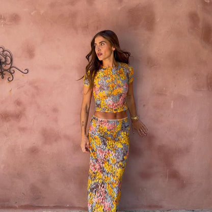 Miao Silk Printed Top And Skirt Set Valentine Holiday Outfit